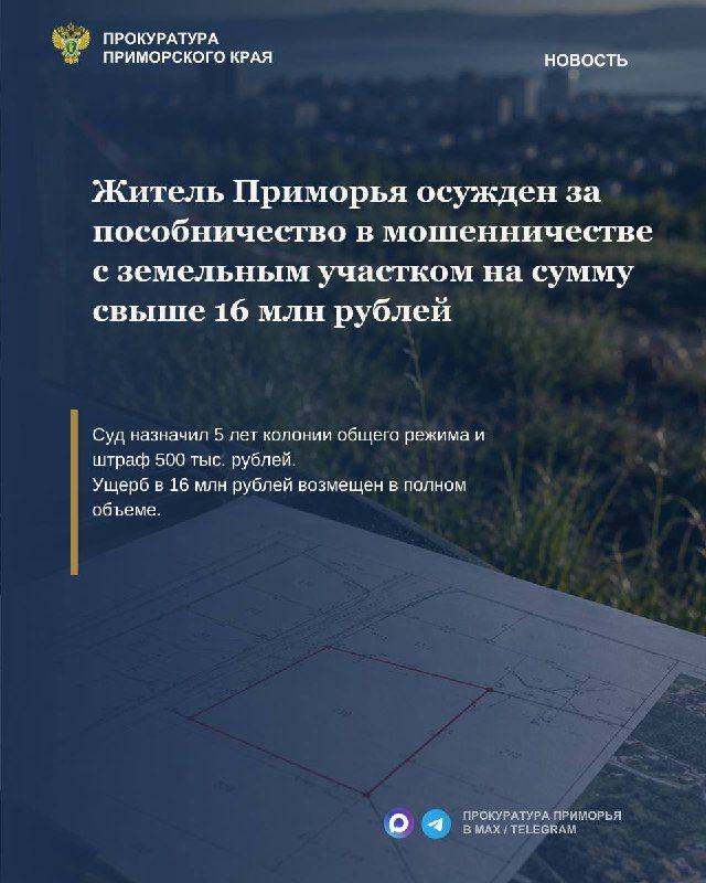 Житель Приморья осужден за пособничество в мошенничестве с земельным участком на 16 млн рублей