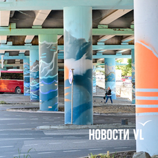 «После шторма всегда солнце»: 30 круглых колонн путепровода на Второй Речке стали полотном для мурала — VL.ru