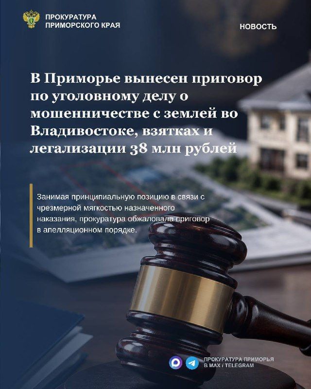 Прокуратура обжаловала приговор по уголовному делу о мошенничестве с землей во Владивостоке, взятках и легализации 38
