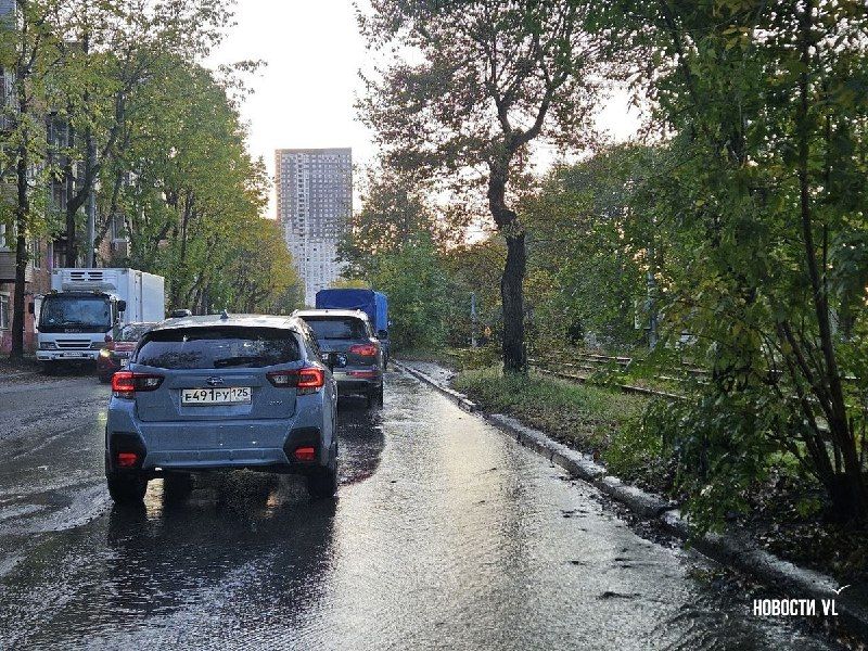Улицу Борисенко во Владивостоке затопило водой в районе остановки "Новожилова".