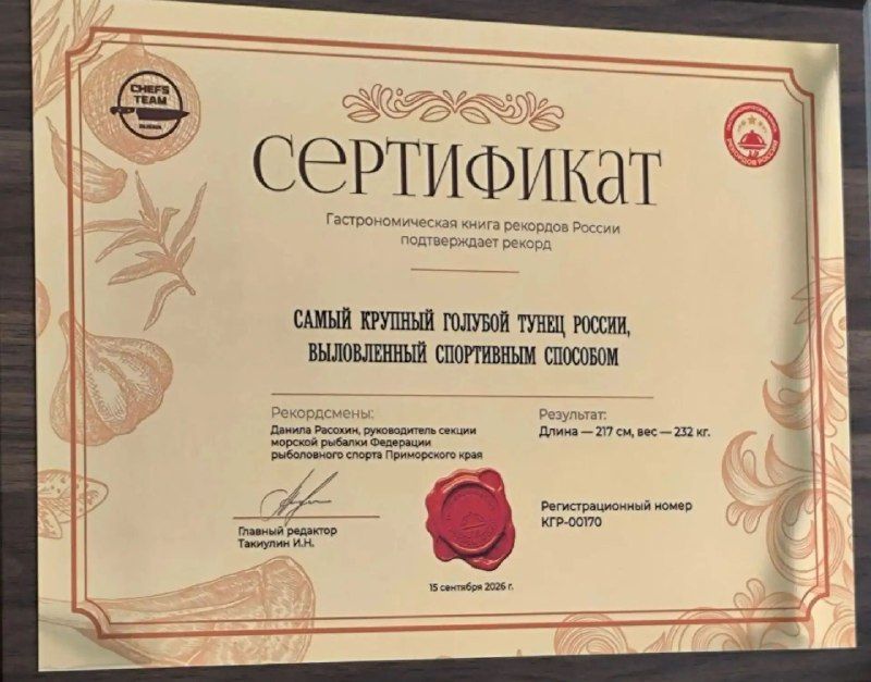 Житель Владивостока Данила Расохин только что получил сертификат «Самый крупный голубой тунец России, выловленный