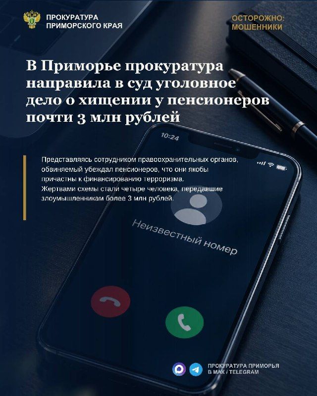 В Приморье прокуратура направила в суд уголовное дело о хищении у пенсионеров почти 3 млн рублей