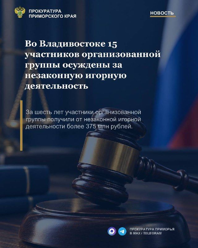 Во Владивостоке 15 участников организованной группы осуждены за незаконную игорную деятельность с доходом свыше 375 млн