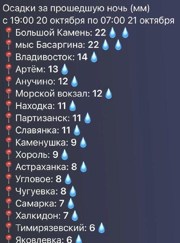 За ночь во Владивостоке выпало 14 мм осадков. В городе дует сильный северный ветер, с порывами до 20 м/с.