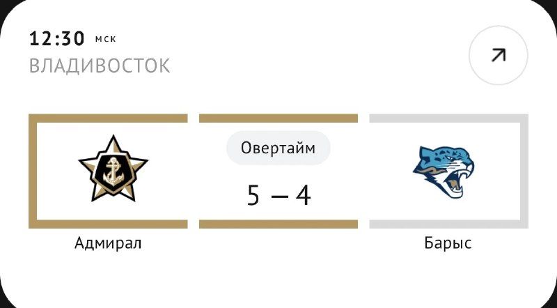 Владивостокский «Адмирал» победил — 5:4 в «перестрелке» с казахстанском «Барысом»