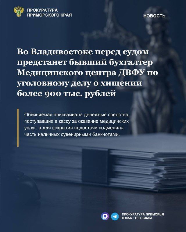 Во Владивостоке перед судом предстанет бывший бухгалтер Медицинского центра ДВФУ по уголовному делу о хищении более 900