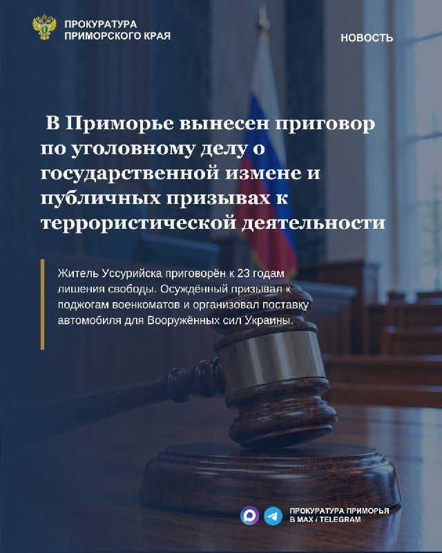 В Приморье вынесен приговор по уголовному делу о государственной измене и публичных призывах к террористической